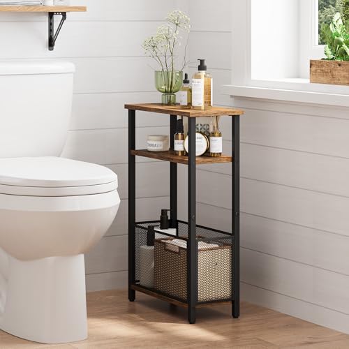 3-Tier Slim Side Table with Storage Basket, Rustic Brown Narrow End Table