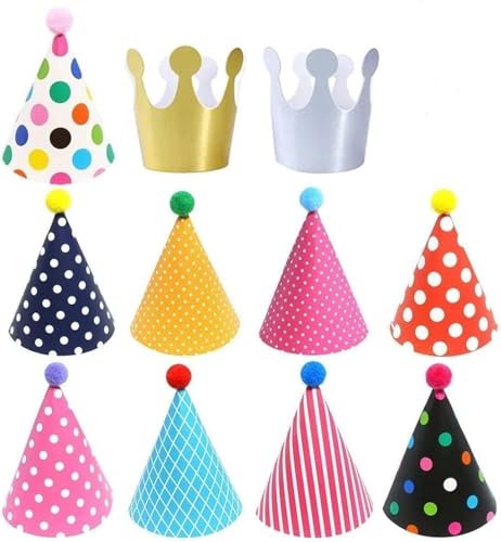 11PCS Birthday Party Cone Hats with Pom Poms - Kids & Adults