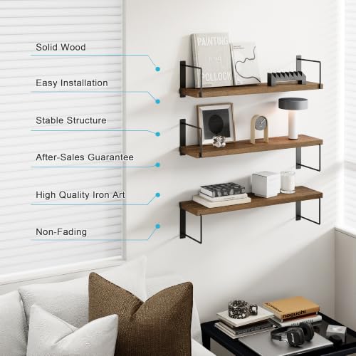 24-Inch Floating Wall Shelves, Set of 3 Rustic Wood Shelves for Storage