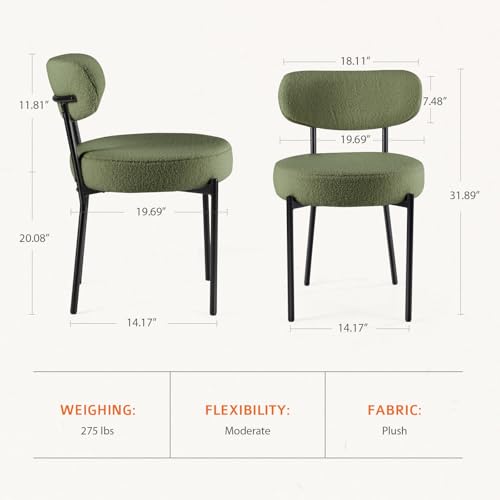 Mid Century Modern Upholstered Dining Chairs - Set of 2, Green Boucle