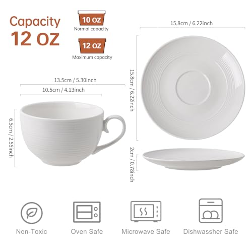 Feenmai 12oz Ceramic Cappuccino Cups & Saucers Set of 4 - White Latte Mug for Coffee & Tea, Microwave & Dishwasher Safe