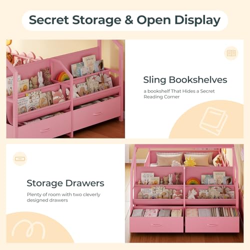 Twin Montessori House Bed with Guardrails, Book Shelf & Storage Drawers