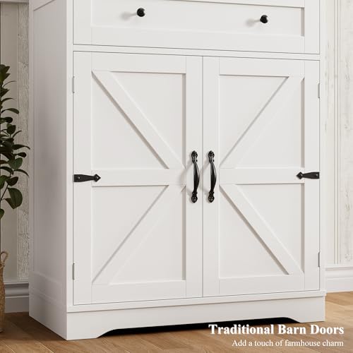 HOSTACK 71-Inch Farmhouse Kitchen Pantry Cabinet White and Rustic Brown, Rustic Storage Cabinet with Barn Doors