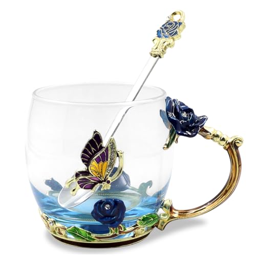 VANUODA Blue Enamel Butterfly Flower Tea Cup - 12oz Glass Coffee Mug for Women & Gifts
