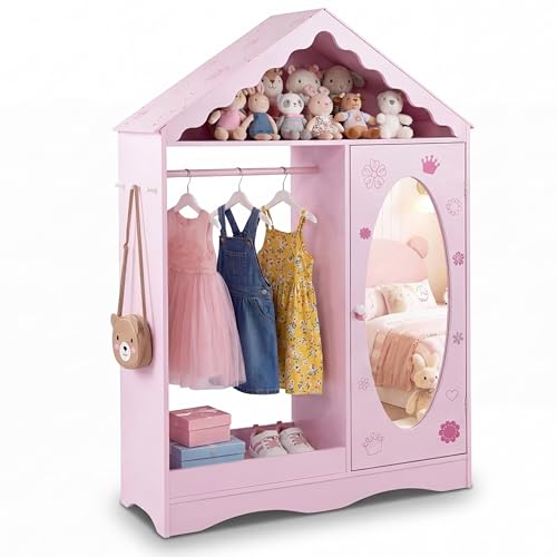Kids Dress Up Storage Wardrobe with Mirror, Rooftop Closet Organizer for Girls