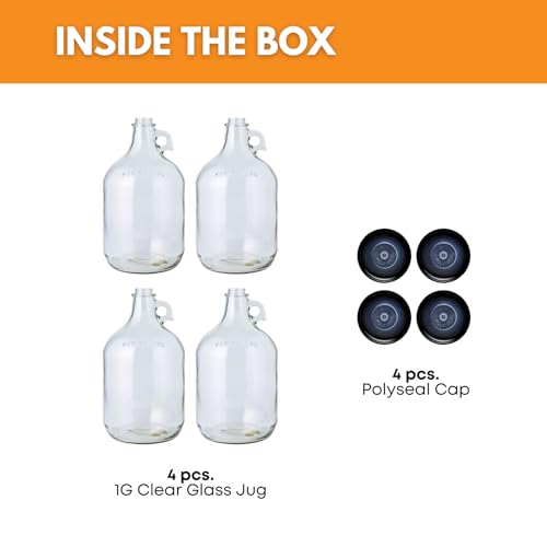 1 Gallon Glass Jugs with Polyseal Caps - 4 Pack, Clear Storage Containers