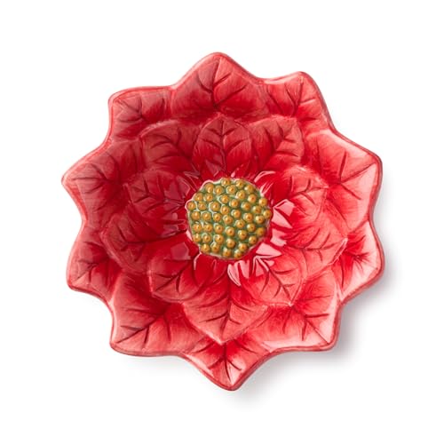 Set of 4 Red Poinsettia Ice Cream Bowls - Festive Holiday Ceramic Dessert Cups