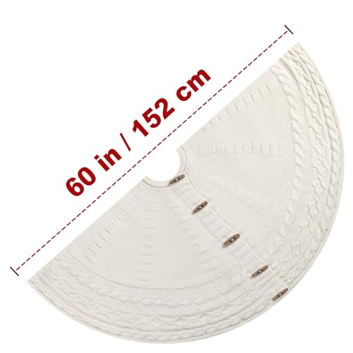 60-Inch Cream Cable Knit Christmas Tree Skirt with Wooden Toggles - Starry Dynamo