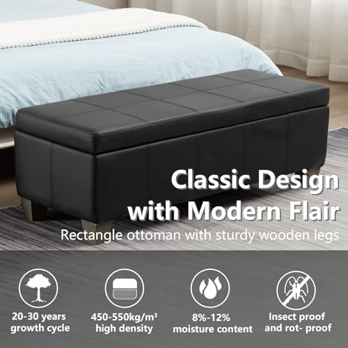 51-Inch Faux Leather Storage Ottoman Bench with Safety Hinge, Black