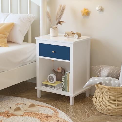 Modern Wooden Nightstand with Drawer and Shelf, White Bedside Table