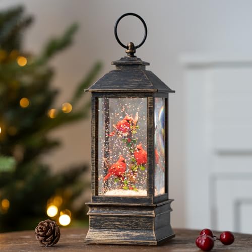 10-Inch Musical Christmas Snow Globe Lantern with Red Cardinals & Timer
