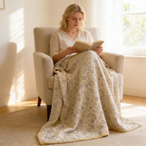 King Size Floral Cotton Muslin Quilt - Lightweight Reversible Bedspread