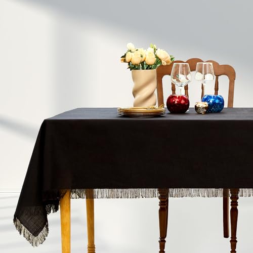 Black Fringed Rectangle Tablecloth 55x120 Inches for Dining & Events - Midsummer Breeze