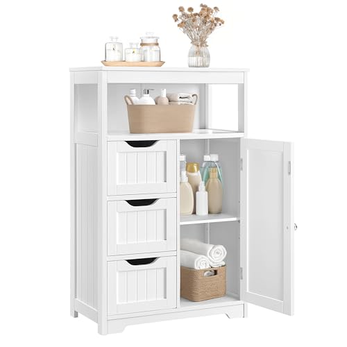 Slim Freestanding Bathroom Storage Cabinet with 3 Drawers and Adjustable Shelf