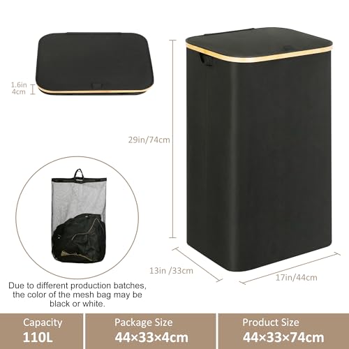 110L Large Laundry Hamper with Lid & Bamboo Handles - Collapsible Basket
