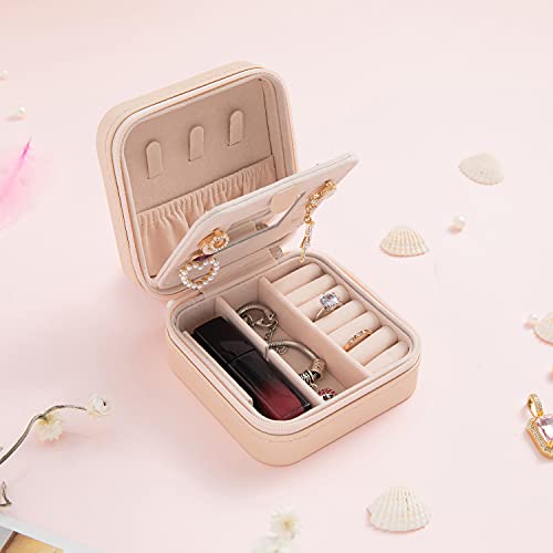 Small Portable Travel Jewelry Organizer Case with Mirror - Pink PU Leather