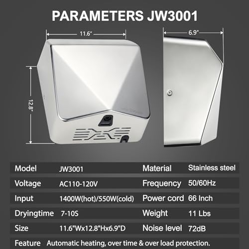 JETWELL High Speed Commercial Hand Dryer JW3001 with HEPA Filter - 7-10 Sec Drying
