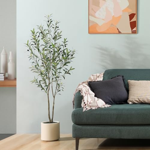 5 ft Artificial Olive Tree in White Planter - Faux Silk Plant for Home Decor