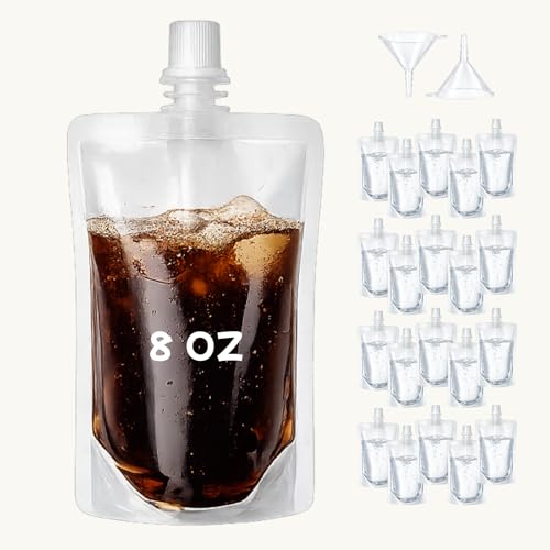 20 Pcs 8oz Collapsible Plastic Drink Pouches - Leak-Proof Travel Flasks, Small Mouth, JueLanvie