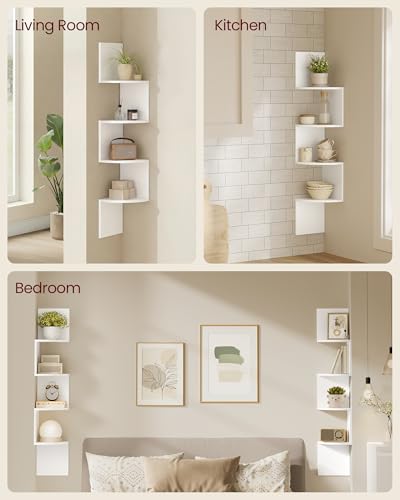 4-Tier Wall-Mounted Corner Floating Shelves, Set of 2, Cloud White