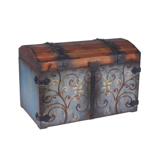 Large Vintage Wood Storage Trunk with Floral Design and Metal Accents
