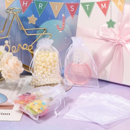 Hopttreely 100PCS White Organza Gift Bags with Drawstring 4x4.72 Inch