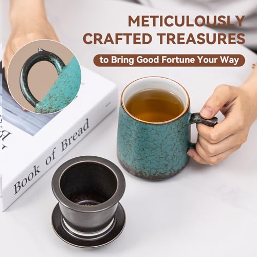 Blue-Green 15oz Ceramic Tea Mug with Infuser & Lid - Kiln-Transformed Unique Design
