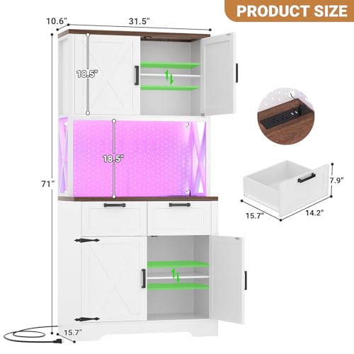 71" Tall Kitchen Pantry Cabinet with Microwave Countertop, Charging Station & LED
