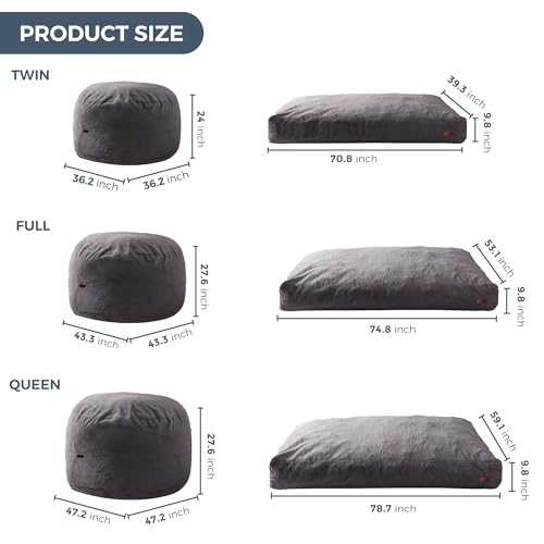 Convertible Giant Bean Bag Floor Sofa with High-Density Foam, Dark Grey