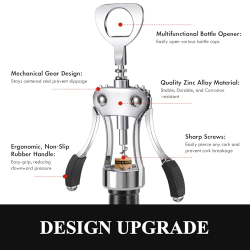 KORCCI Silver Heavy-Duty Zinc Alloy Wing Corkscrew & Bottle Opener - Multifunctional Wine Accessory