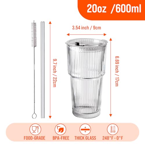 20oz Ribbed Glass Tumblers with Lids and Straws, 4-Piece Set