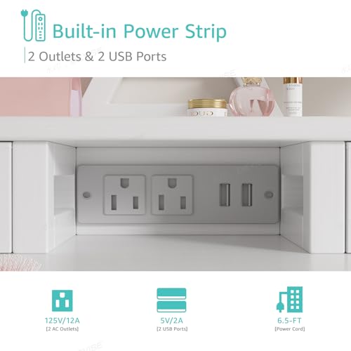 Makeup Vanity Desk with LED Mirror, Power Outlet, and Stool