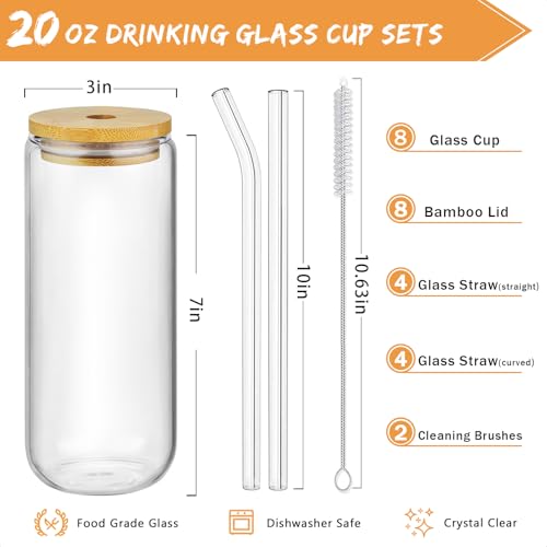 20 Oz Glass Drinking Set with Bamboo Lids & Straws - 8 Pcs