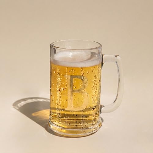 Personalized 14oz Beer Mug with Gold Monogram - Etched Glass Beer Stein