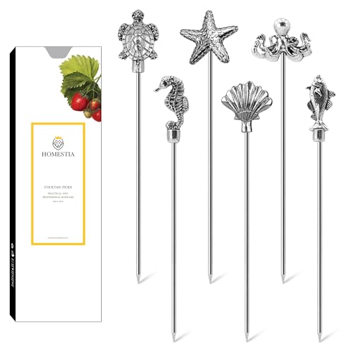 Homestia Ocean Series 6Pcs 4.7'' Marine Life Cocktail Picks - Sea Turtle Starfish Seahorse Octopus