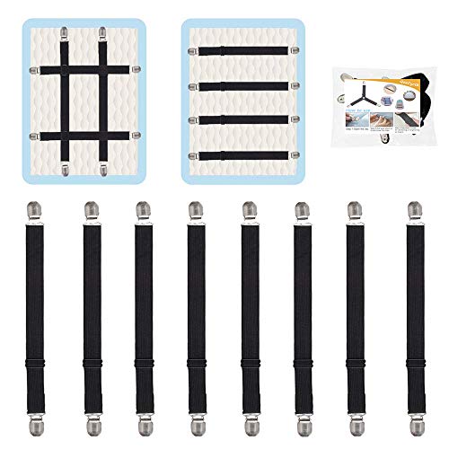 Adjustable Elastic Bed Sheet Straps & Fastener Clips, 8-Pack (Black)