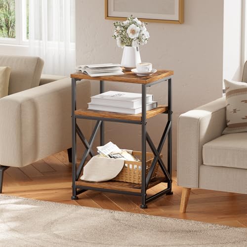 3-Tier Rustic Side Table with Open Shelves, Compact End Table Nightstand