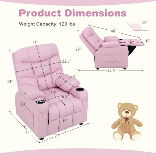 Costzon Kids Pink Recliner Chair 26”x28”x34” with Cup Holder & Footrest