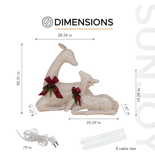 SUNJOY 2-Pack Lying Deer Christmas Holiday Decor with Lights, 3D Tinsel Santa Indoor Outdoor