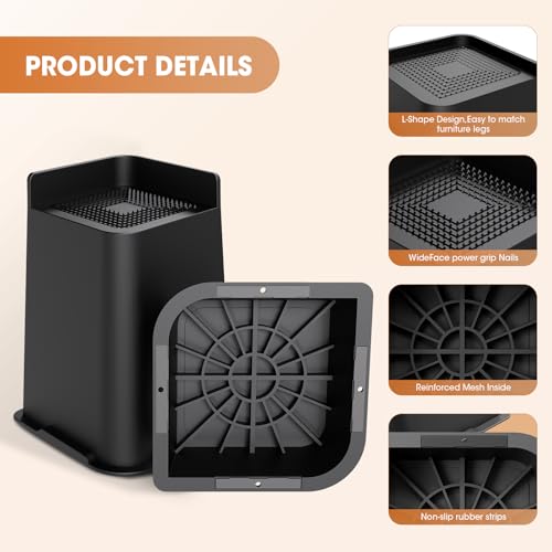 Heavy Duty 8-Inch Bed Risers - Oversized Furniture Lifts (4 Pack, Black)