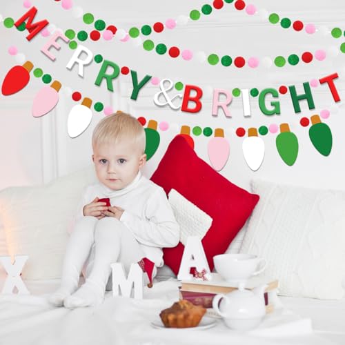 3-Piece Christmas Felt Garland Set with Pompoms, Lights & 'Merry & Bright' Banner