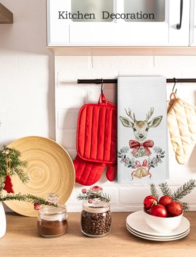 GDJIEGBC Christmas Deer Kitchen Towels Set - Red Bow & Reindeer Pattern, 16x24 Inch, Vari-03