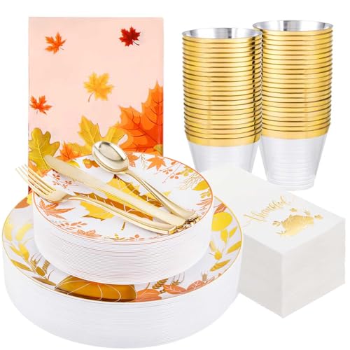 GATHER Thanksgiving Gold Plastic Plates Set with Gold Maple Leaves & Pumpkins