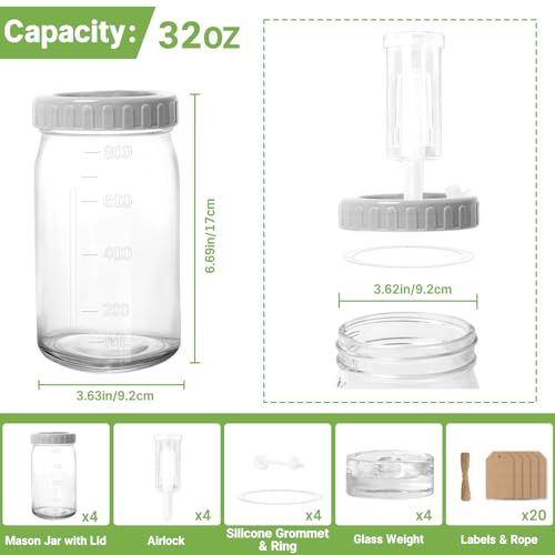 4-Pack Mason Jar Fermentation Kit With 32 Oz Jars And Airlocks