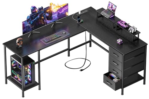59-Inch L-Shaped Computer Desk with Power Outlets, Storage Drawers & Stands
