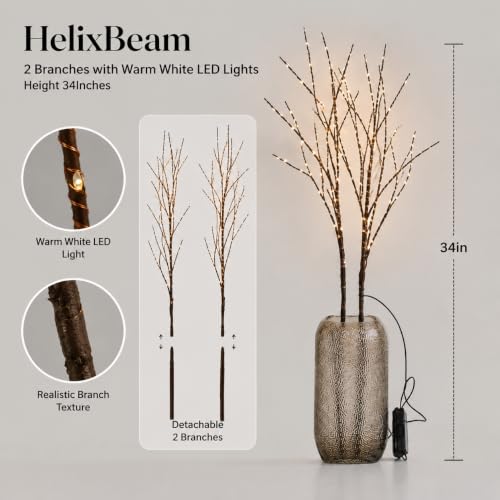 HelixBeam Warm White 200LED Branch Lights 34Inch | Detachable Twig Decor, USB & Battery Powered, 8 Modes, Large Vase Christmas Decor