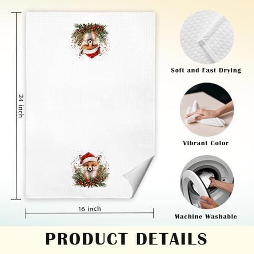 JINYO Christmas Fox Kitchen Towels - Fox Lover Holiday Decorative Hand Towels, 16x24 Inch Set of 2