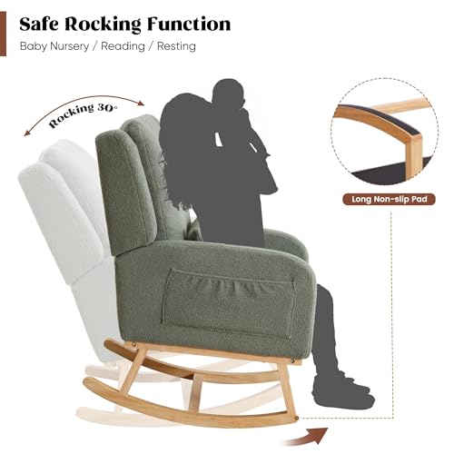 Upholstered Nursery Rocking Chair with Lumbar Pillow and Side Pockets, Green
