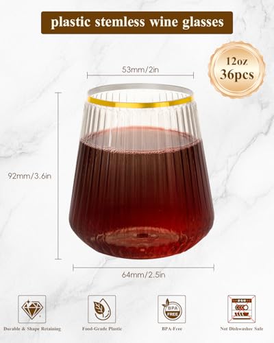 36 Pack 12oz Stemless Plastic Wine Glasses with Gold Rim, Ribbed Design