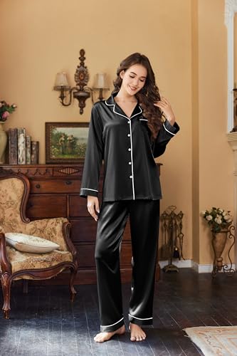 Ekouaer Black Satin Silk Pajamas for Women Small Button-Down Long Sleeve Set